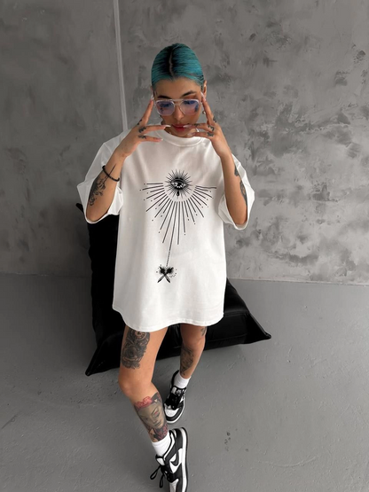 Bisiklet Yaka Baskılı Oversize T-Shirt - Beyaz