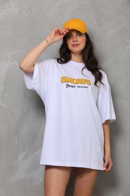 Bisiklet Yaka Baskılı Oversize T-Shirt - Beyaz -