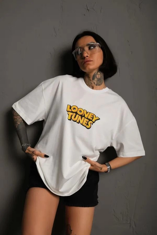 Bisiklet Yaka Baskılı Oversize T-Shirt - Beyaz -