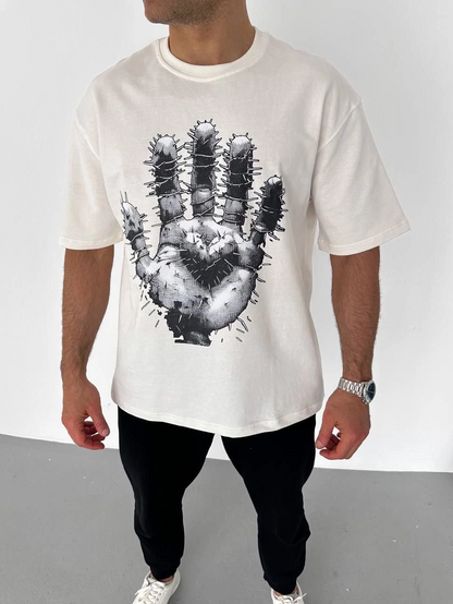 Bisiklet Yaka Baskılı Oversize T-Shirt - Beyaz -