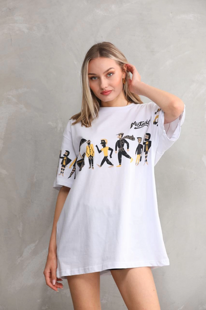 Bisiklet Yaka Baskılı Oversize T-Shirt - Beyaz -