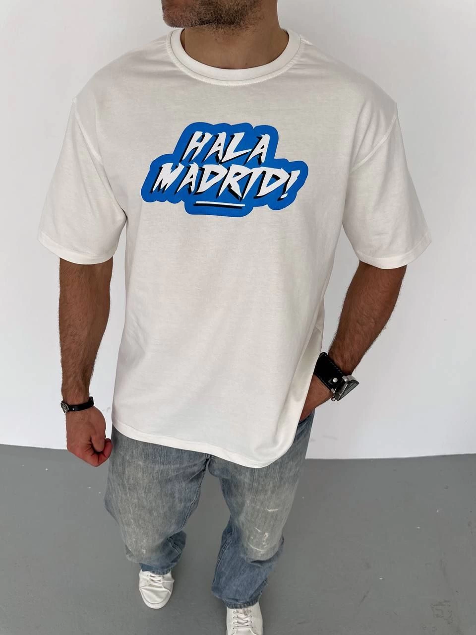 Bisiklet Yaka Baskılı Oversize T-Shirt - Beyaz -