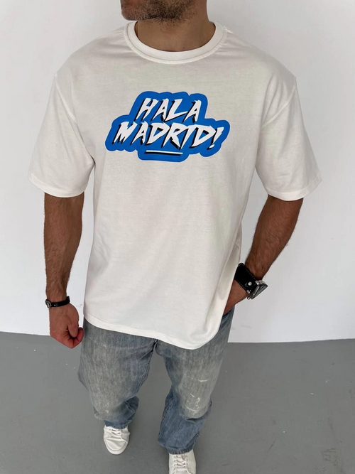 Bisiklet Yaka Baskılı Oversize T-Shirt - Beyaz -