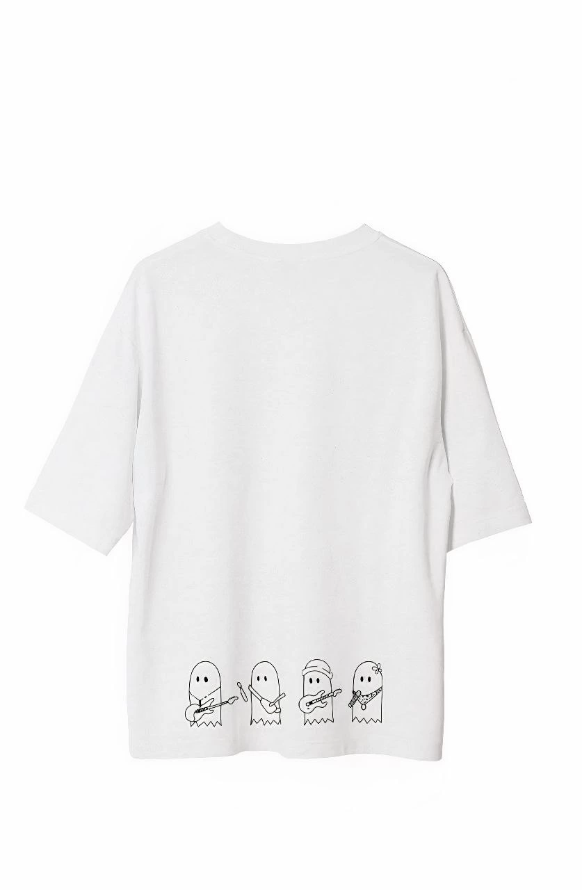 Bisiklet Yaka Baskılı Oversize T-Shirt - Beyaz -