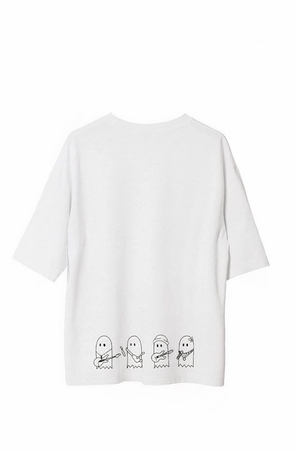 Bisiklet Yaka Baskılı Oversize T-Shirt - Beyaz -