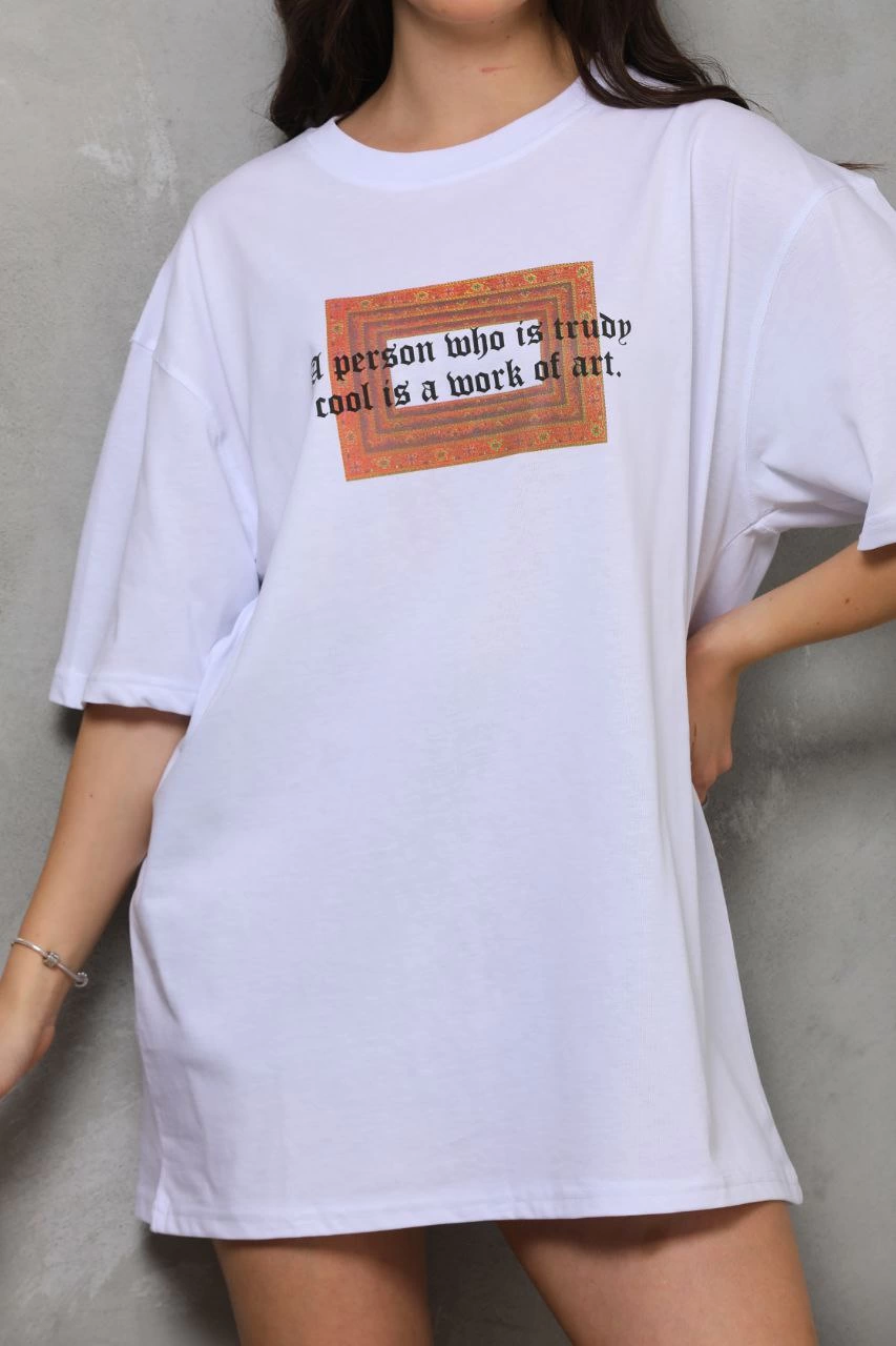 Bisiklet Yaka Baskılı Oversize T-Shirt - Beyaz -