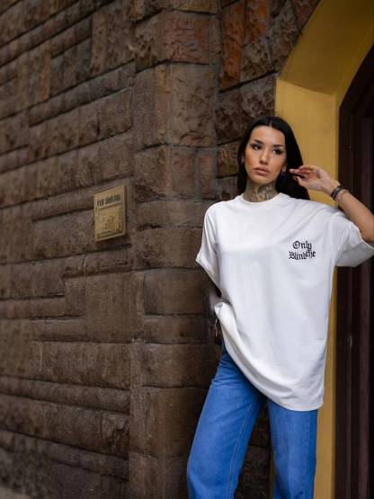 Bisiklet Yaka Baskılı Oversize T-Shirt - Beyaz -