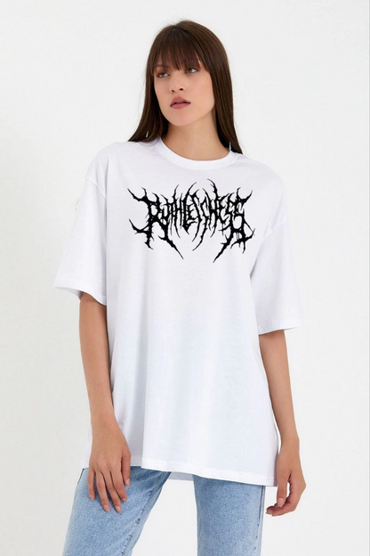 Bisiklet Yaka Baskılı Oversize T-Shirt - Beyaz -