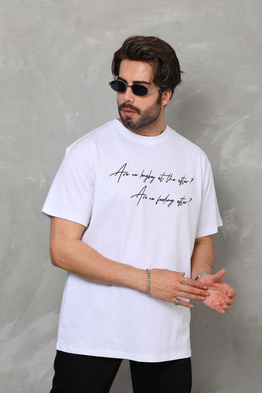 Bisiklet Yaka Baskılı Oversize T-Shirt - Beyaz