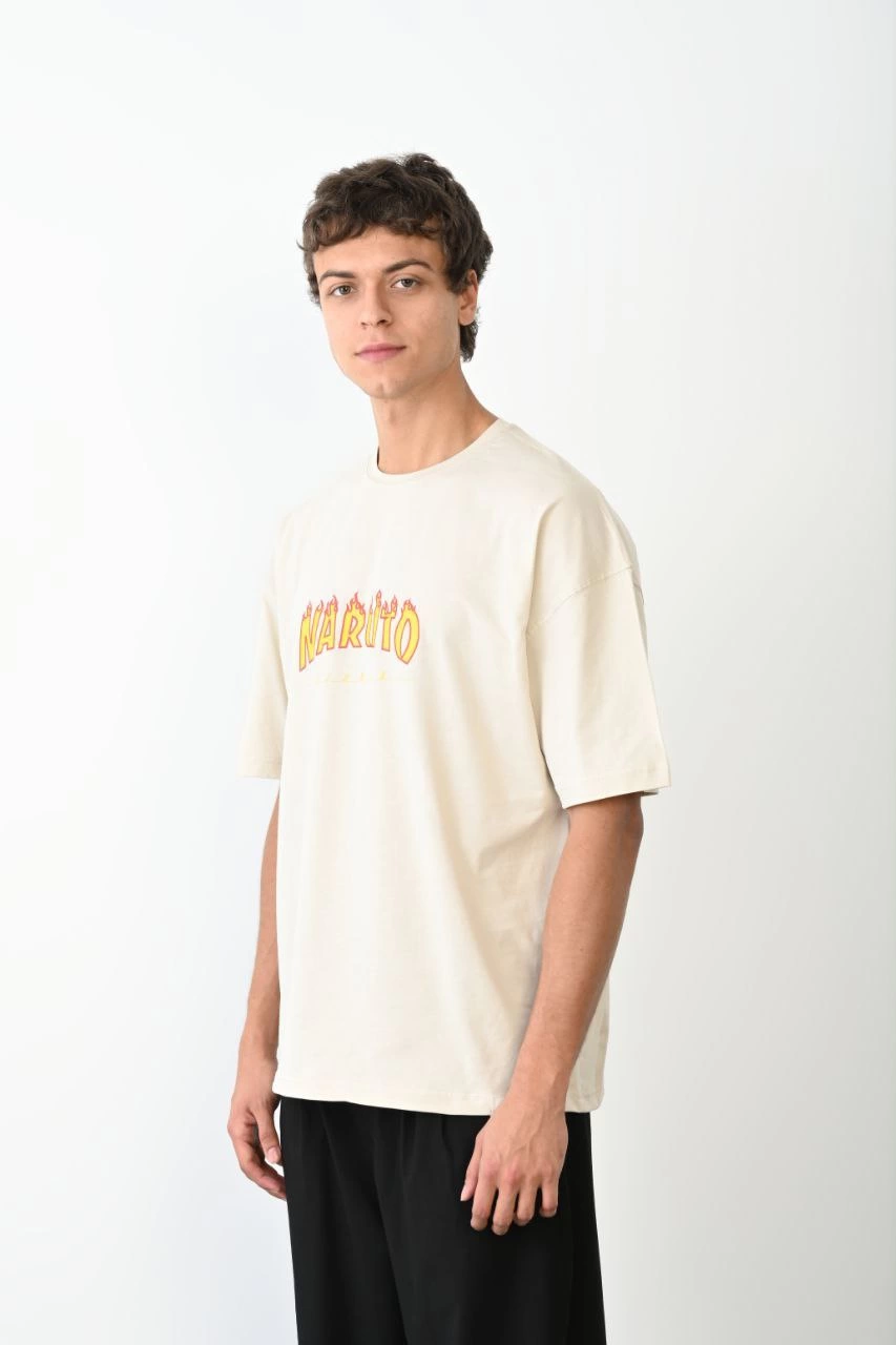 Bisiklet Yaka Baskılı Oversize T-Shirt - Beyaz -