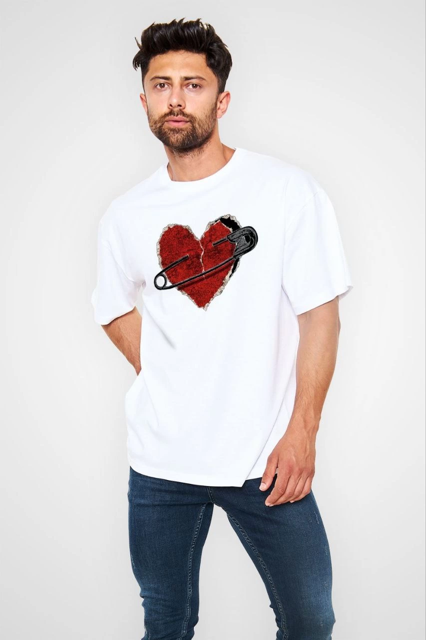 Bisiklet Yaka Baskılı Oversize T-Shirt - Beyaz -