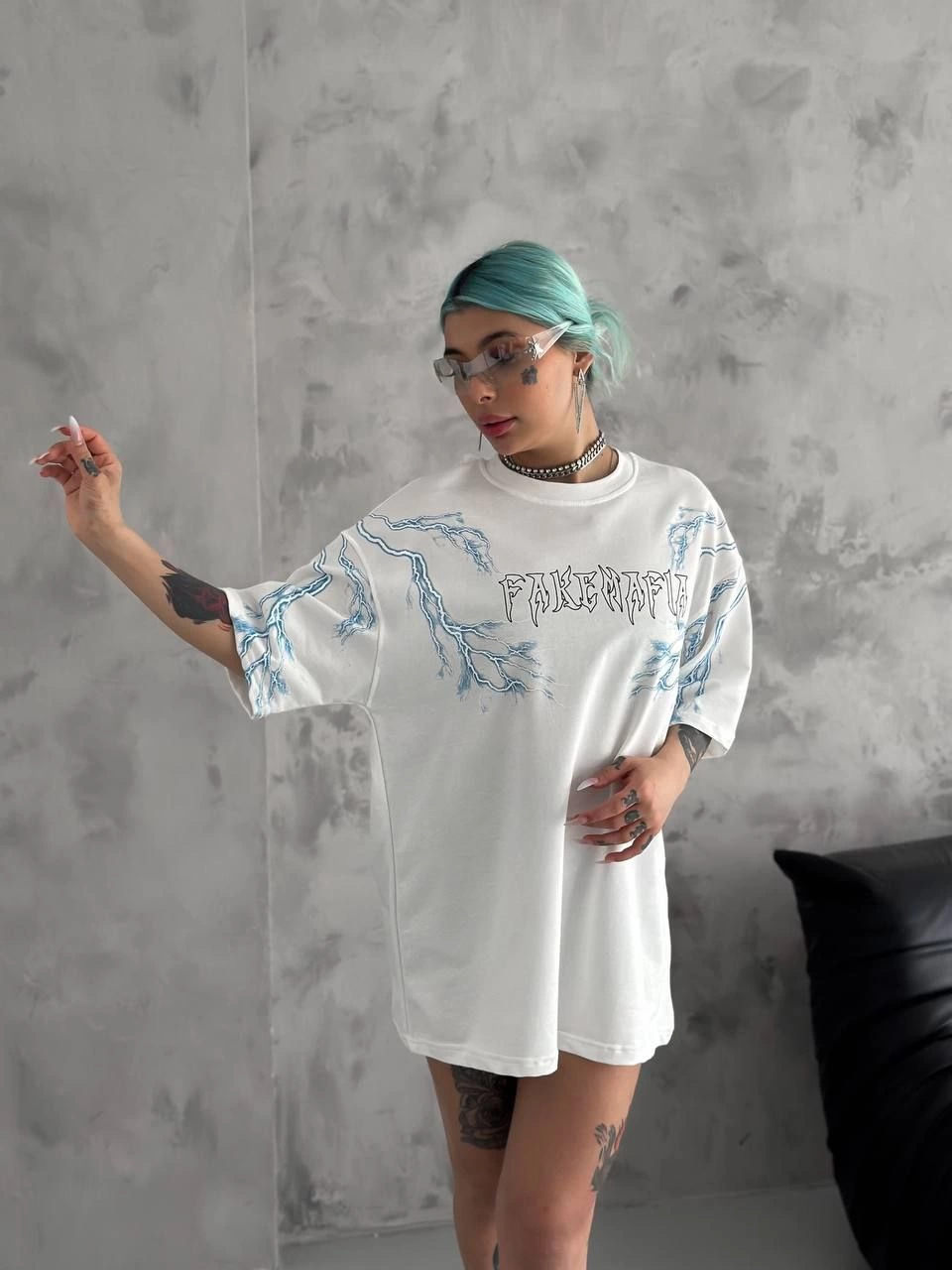 Bisiklet Yaka Baskılı Oversize T-Shirt - Beyaz