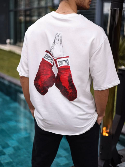 Bisiklet Yaka Baskılı Oversize T-Shirt - Beyaz -