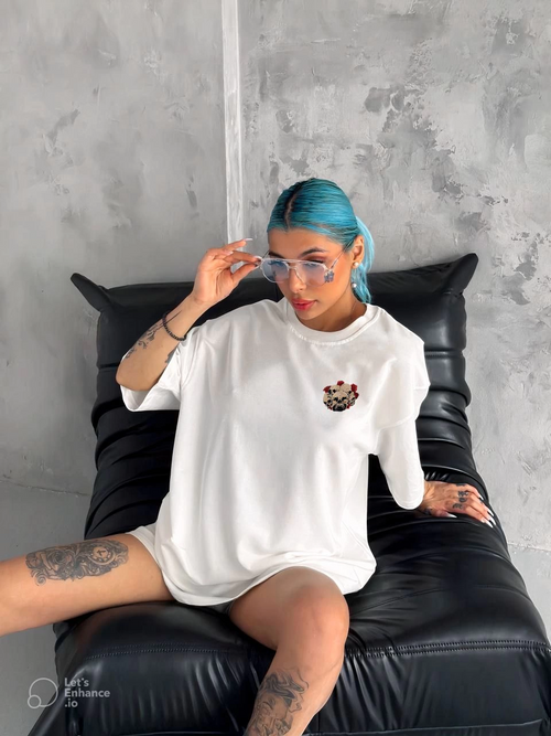 Bisiklet Yaka Baskılı Oversize T-Shirt - Beyaz -