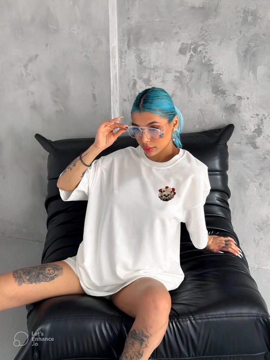 Bisiklet Yaka Baskılı Oversize T-Shirt - Beyaz -