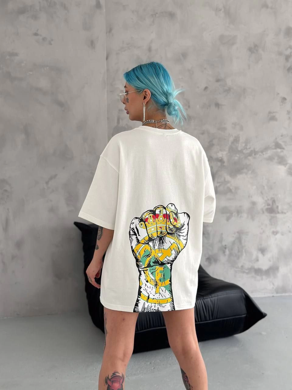 Bisiklet Yaka Baskılı Oversize T-Shirt - Beyaz -