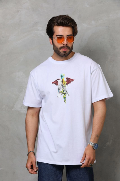 Bisiklet Yaka Baskılı Oversize T-Shirt - Beyaz -