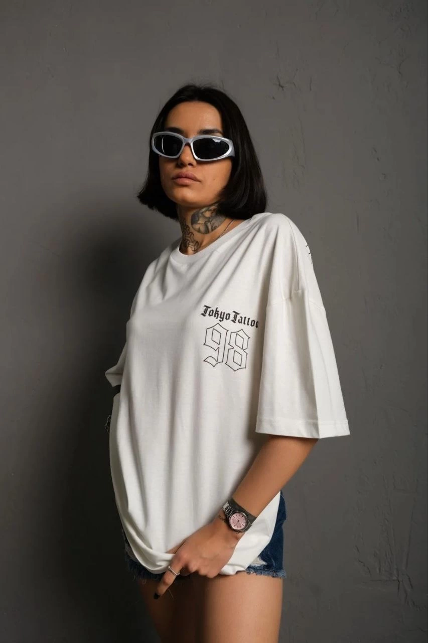 Bisiklet Yaka Baskılı Oversize T-Shirt - Beyaz -