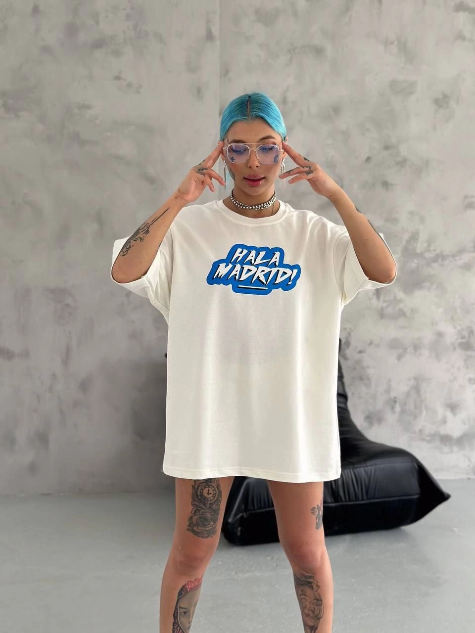 Bisiklet Yaka Baskılı Oversize T-Shirt - Beyaz -