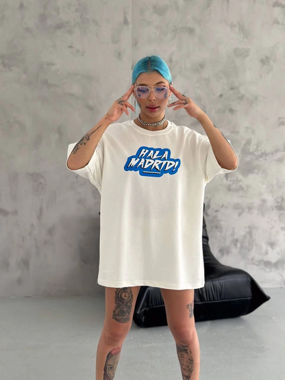 Bisiklet Yaka Baskılı Oversize T-Shirt - Beyaz -