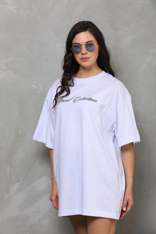 Bisiklet Yaka Baskılı Oversize T-Shirt - Beyaz