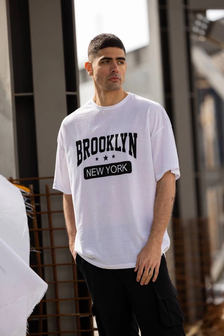 Bisiklet Yaka Baskılı Oversize T-Shirt - Beyaz -
