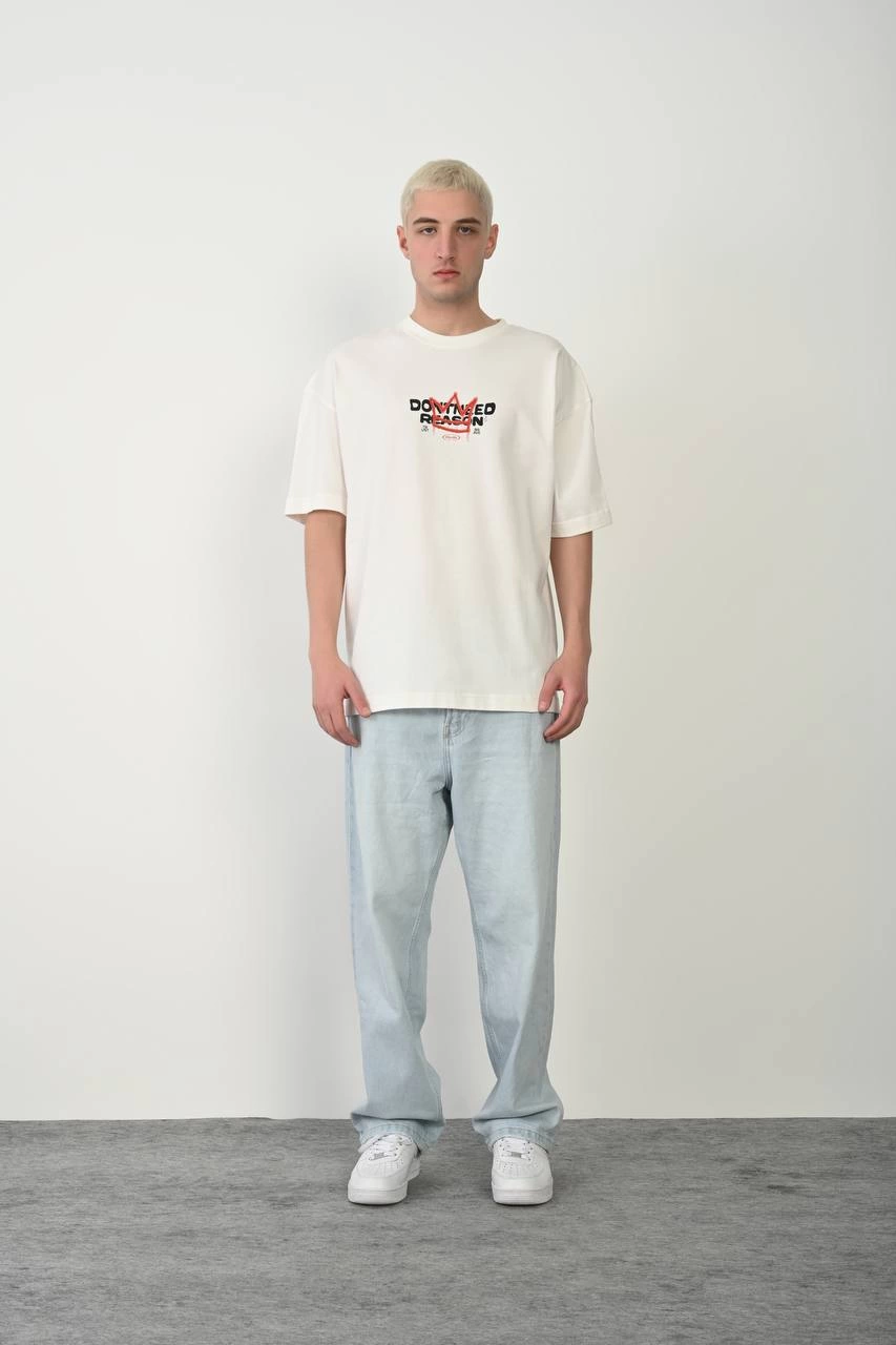 Bisiklet Yaka Baskılı Oversize T-Shirt - Beyaz -