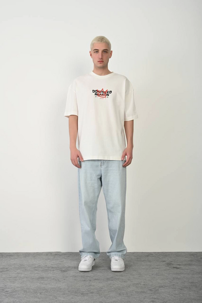 Bisiklet Yaka Baskılı Oversize T-Shirt - Beyaz -