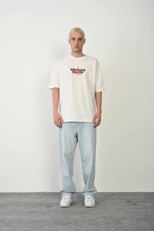 Bisiklet Yaka Baskılı Oversize T-Shirt - Beyaz -