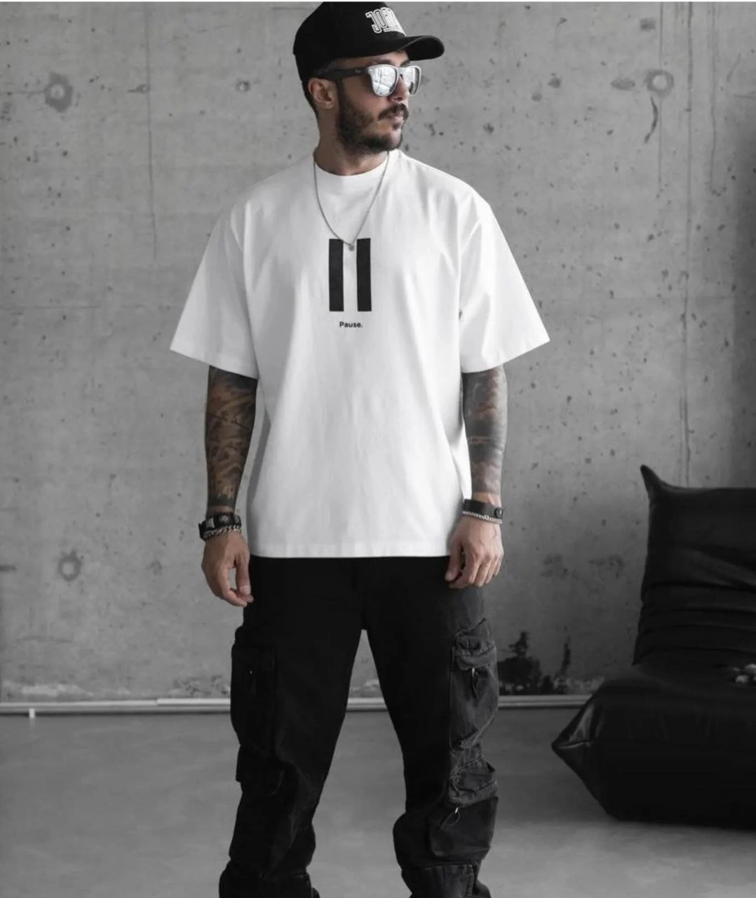 Bisiklet Yaka Baskılı Oversize T-Shirt - Beyaz -