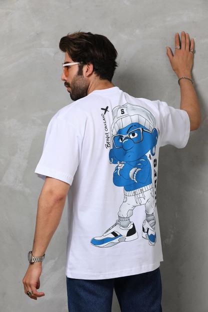 Bisiklet Yaka Baskılı Oversize T-Shirt - Beyaz -