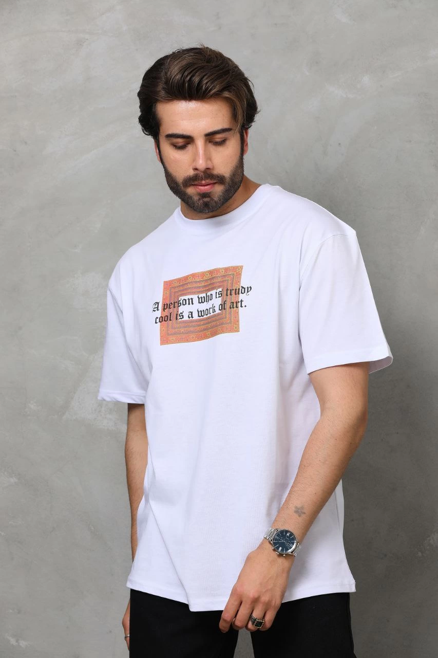 Bisiklet Yaka Baskılı Oversize T-Shirt - Beyaz -