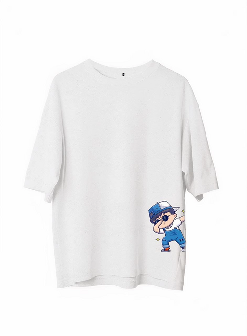 Bisiklet Yaka Baskılı Oversize T-Shirt - Beyaz -