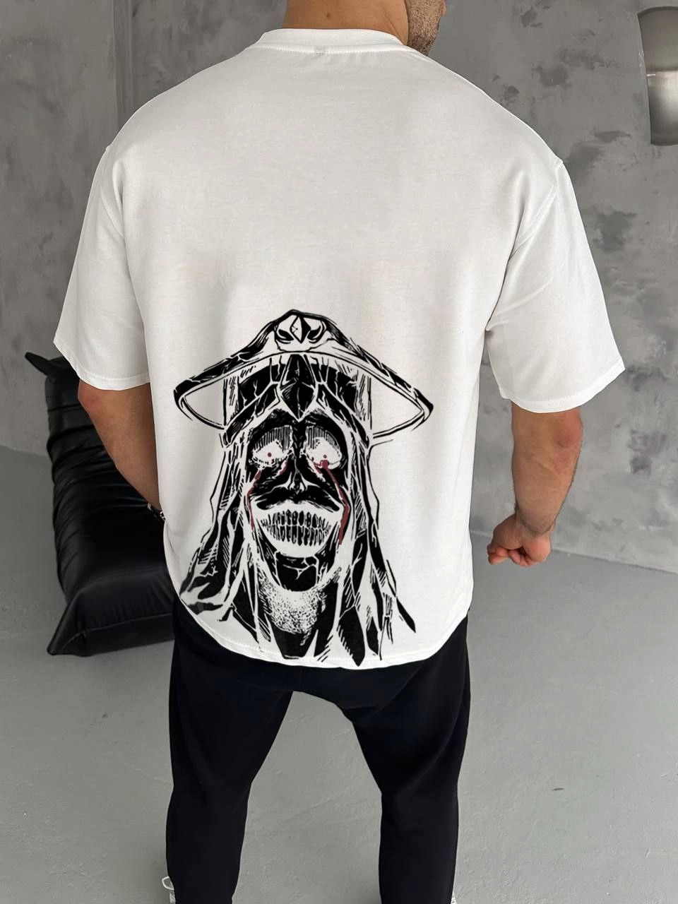 Bisiklet Yaka Baskılı Oversize T-Shirt - Beyaz -