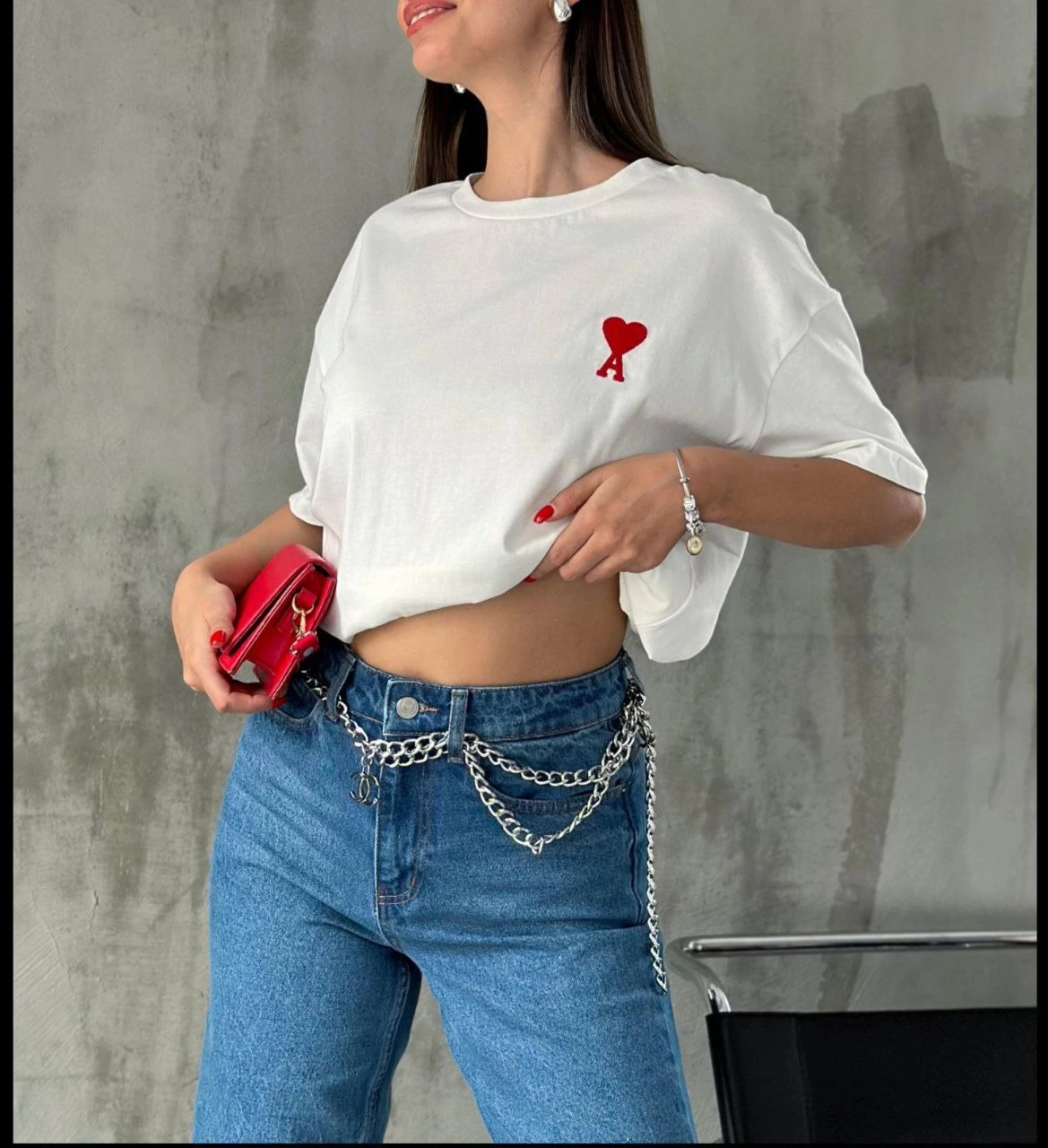 Bisiklet Yaka Baskılı Oversize T-Shirt - Beyaz -