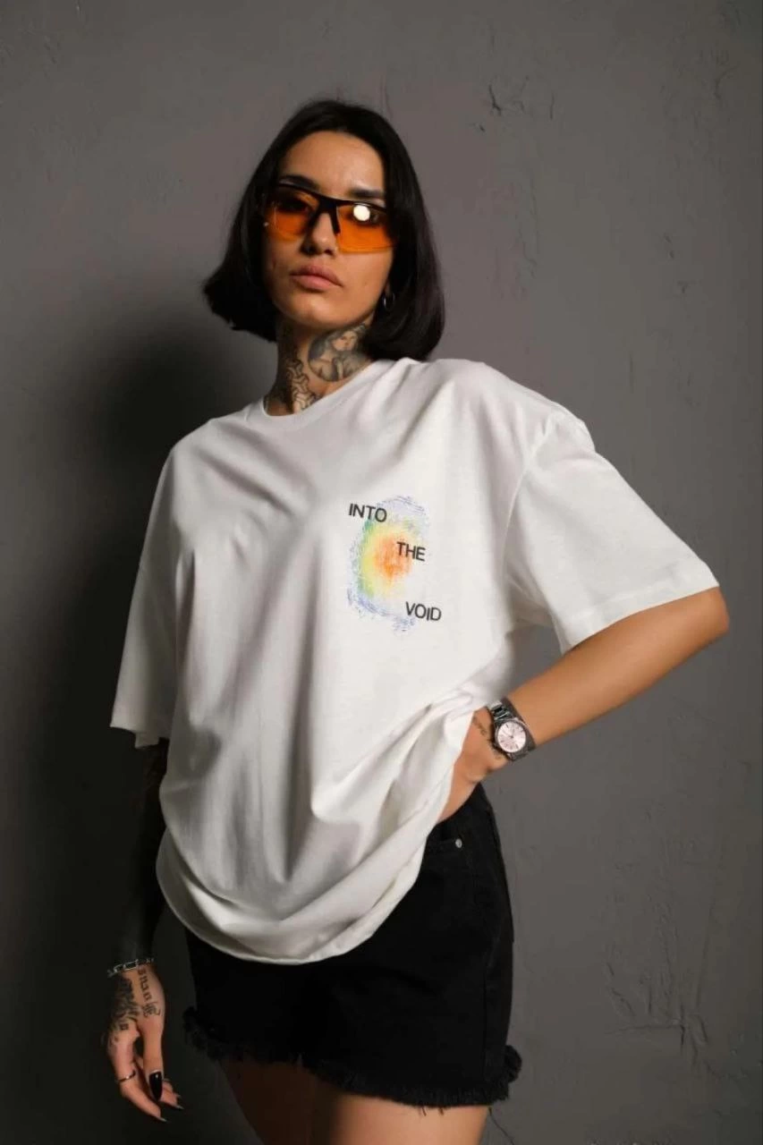 Bisiklet Yaka Baskılı Oversize T-Shirt - Beyaz -