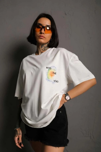Bisiklet Yaka Baskılı Oversize T-Shirt - Beyaz -