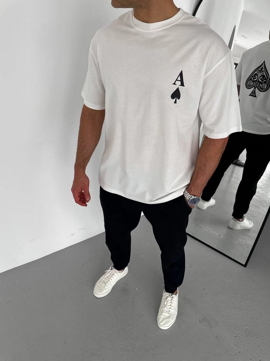 Bisiklet Yaka Baskılı Oversize T-Shirt - Beyaz