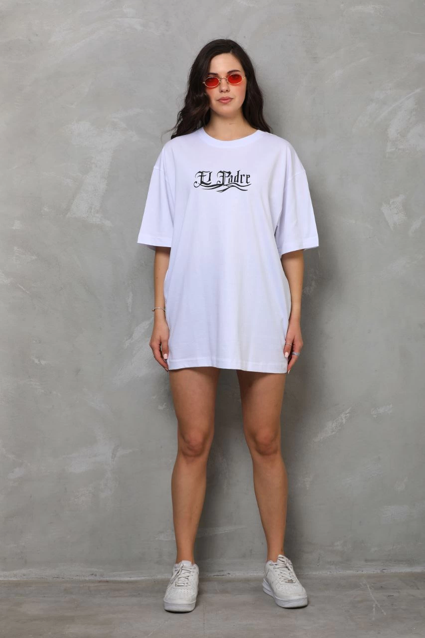 Bisiklet Yaka Baskılı Oversize T-Shirt - Beyaz -
