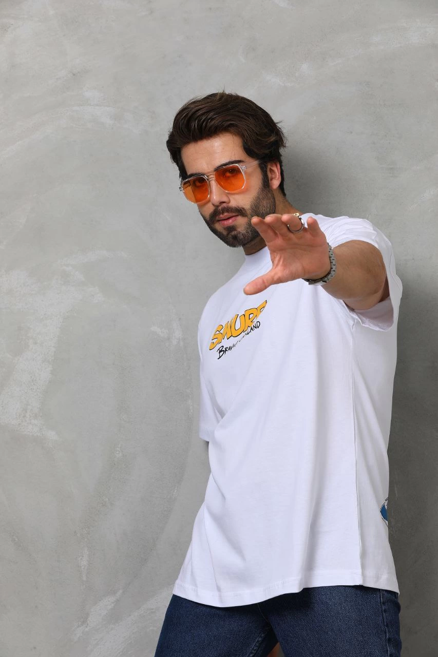 Bisiklet Yaka Baskılı Oversize T-Shirt - Beyaz -