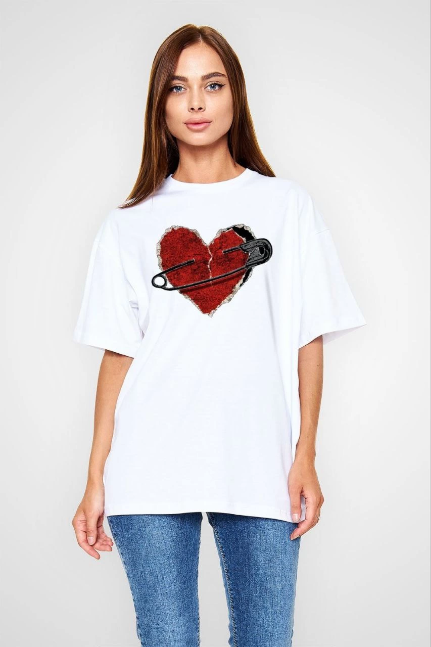 Bisiklet Yaka Baskılı Oversize T-Shirt - Beyaz -