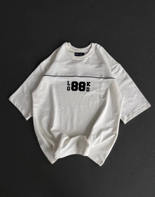 Bisiklet Yaka Baskılı Oversize T-Shirt - Beyaz