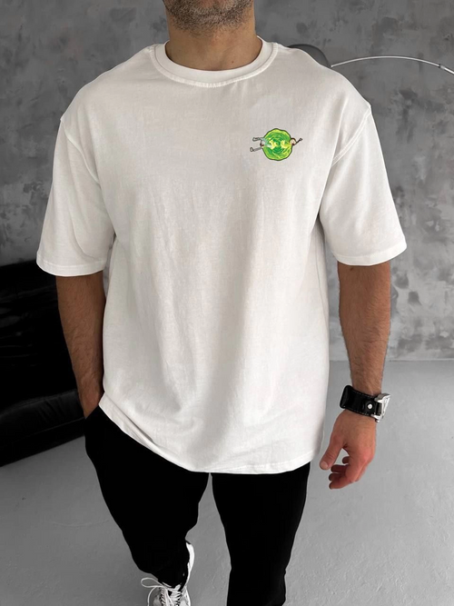 Bisiklet Yaka Baskılı Oversize T-Shirt - Beyaz -