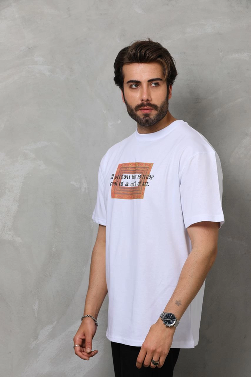 Bisiklet Yaka Baskılı Oversize T-Shirt - Beyaz -