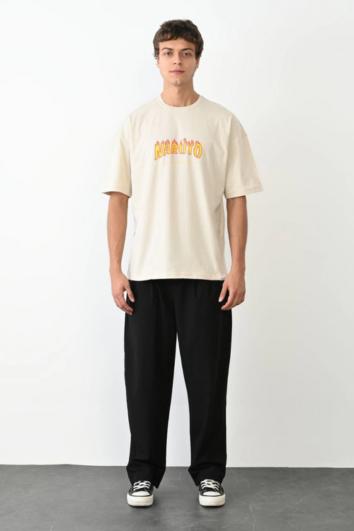 Bisiklet Yaka Baskılı Oversize T-Shirt - Beyaz -