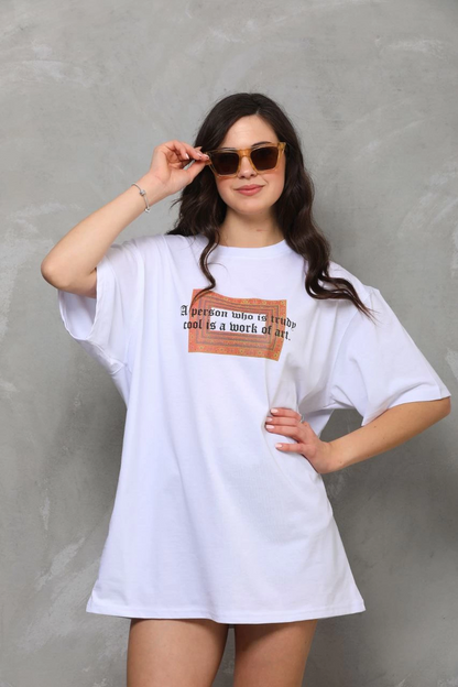 Bisiklet Yaka Baskılı Oversize T-Shirt - Beyaz -