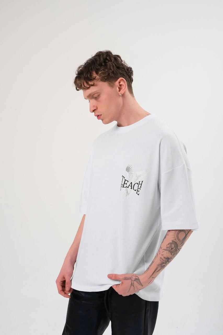 Bisiklet Yaka Baskılı Oversize T-Shirt - Beyaz -