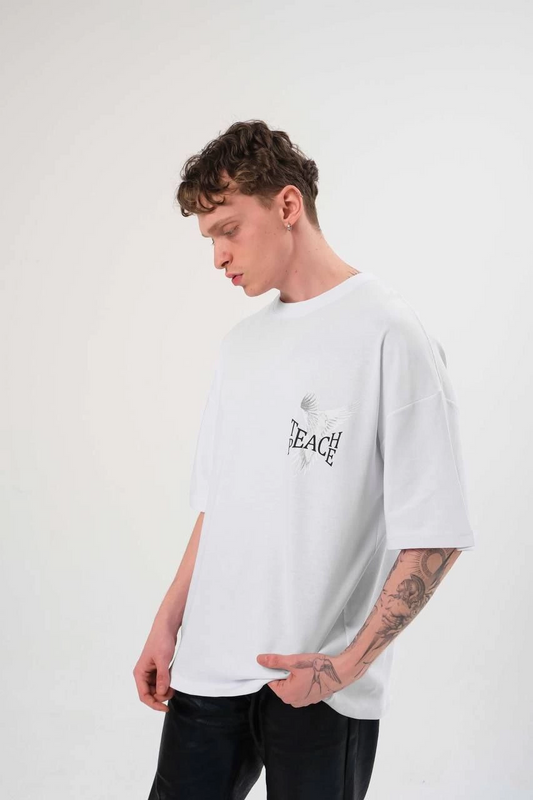Bisiklet Yaka Baskılı Oversize T-Shirt - Beyaz -