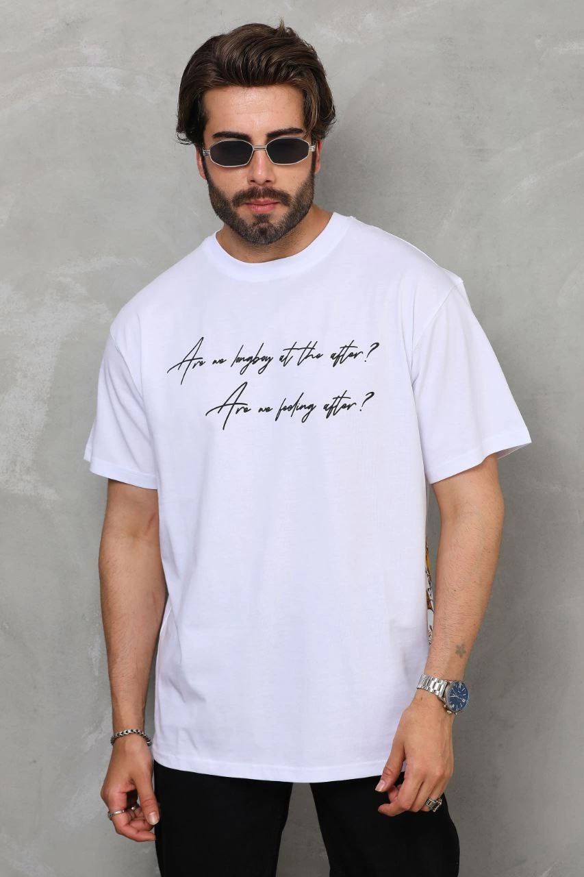 Bisiklet Yaka Baskılı Oversize T-Shirt - Beyaz