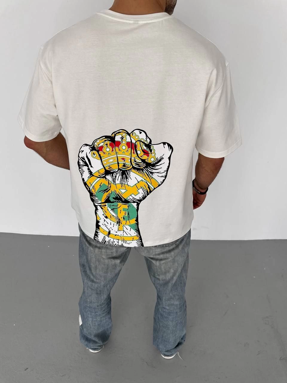 Bisiklet Yaka Baskılı Oversize T-Shirt - Beyaz -